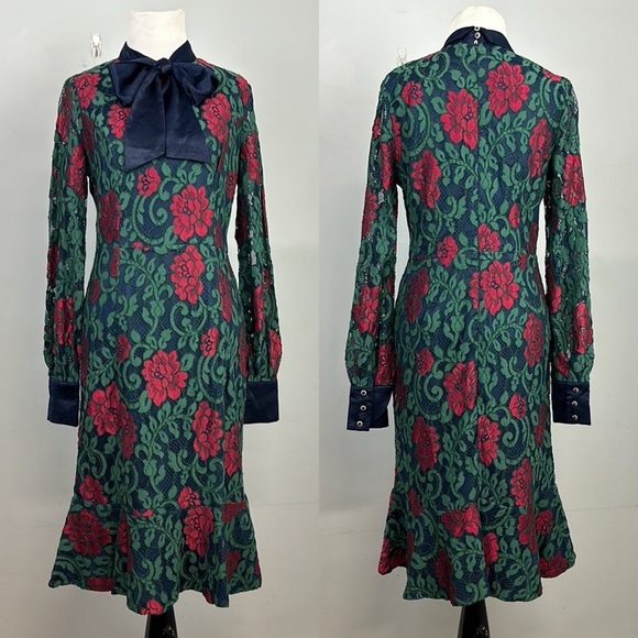 NWT The Moon Collection Green Lace Floral Neck Bow Dress Sz M - Picture 1 of 12